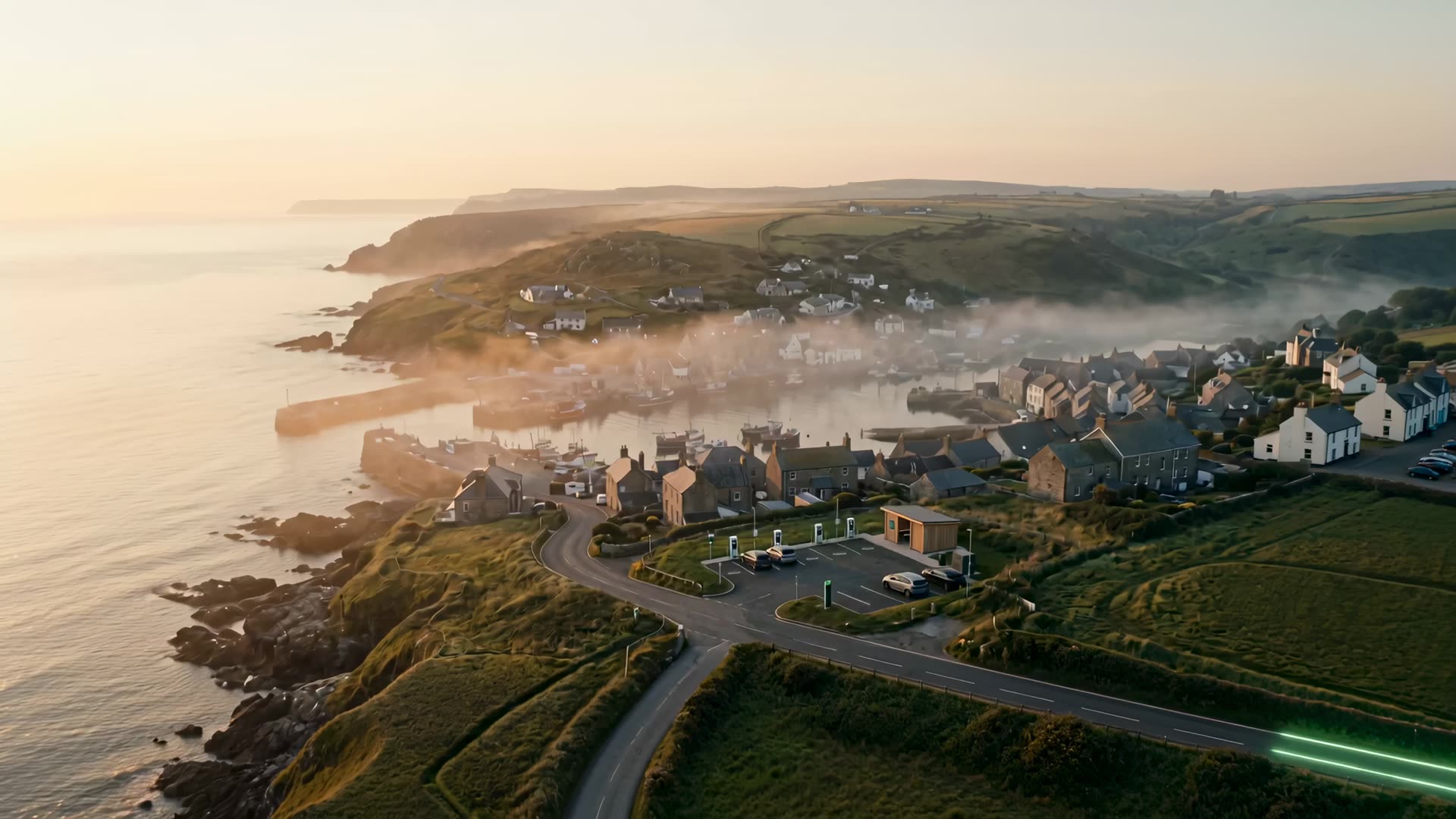Aerial view of a UK coastal town with green energy routes