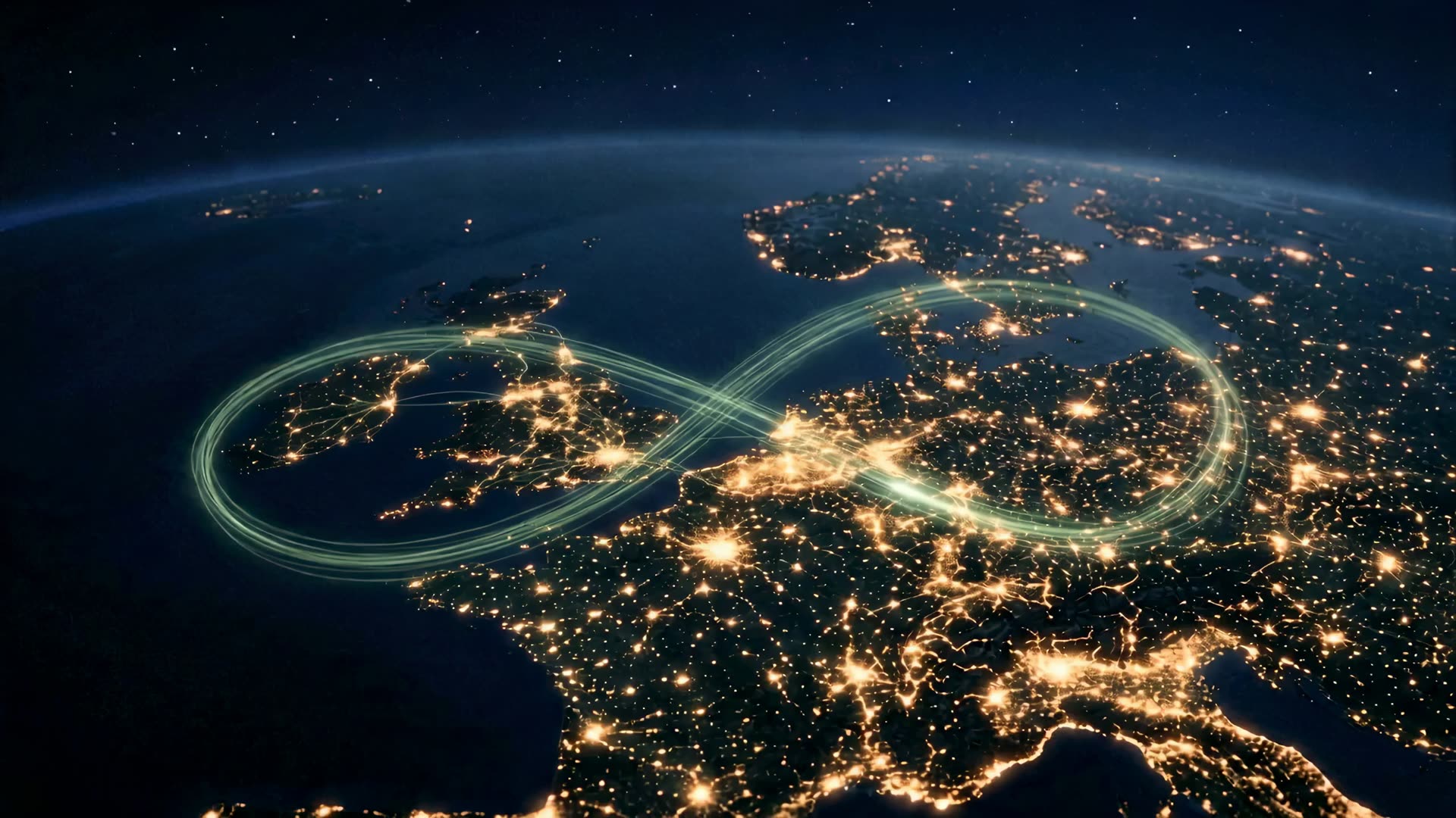 Earth at night with a green energy network