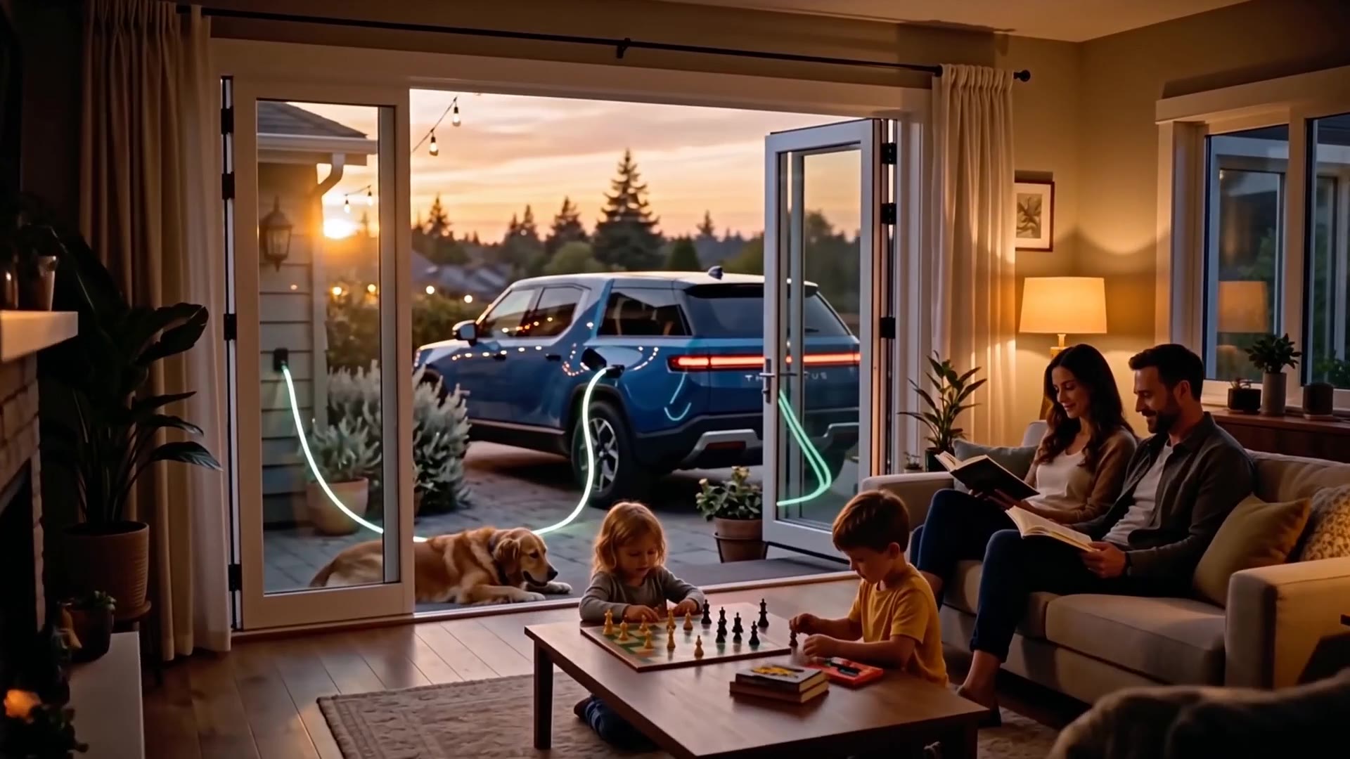 A family at home at dusk while their EV charges outside