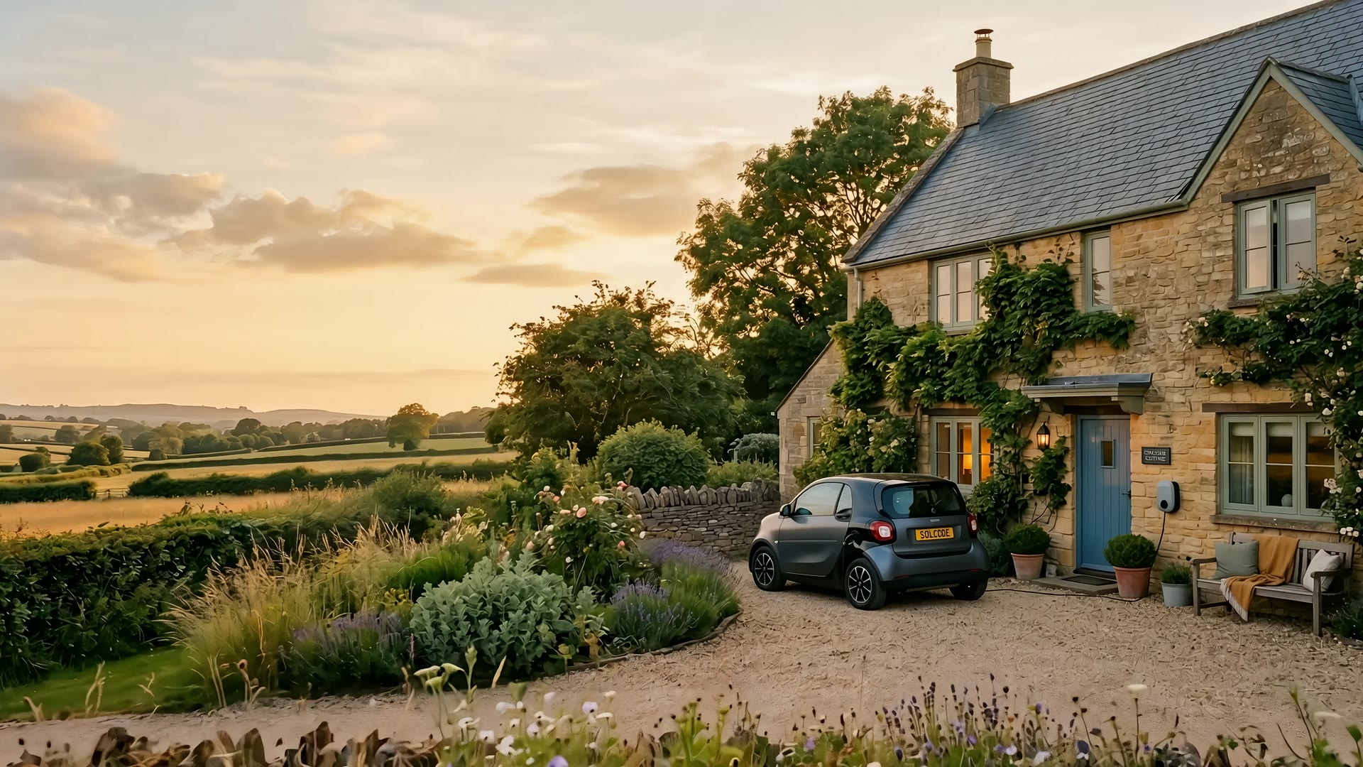 A countryside holiday cottage with a SolCode car at the door