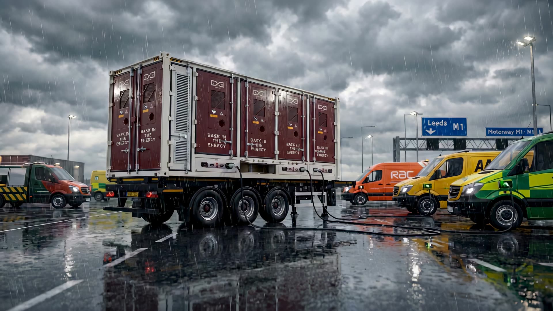 A mobile battery unit travelling on a UK motorway