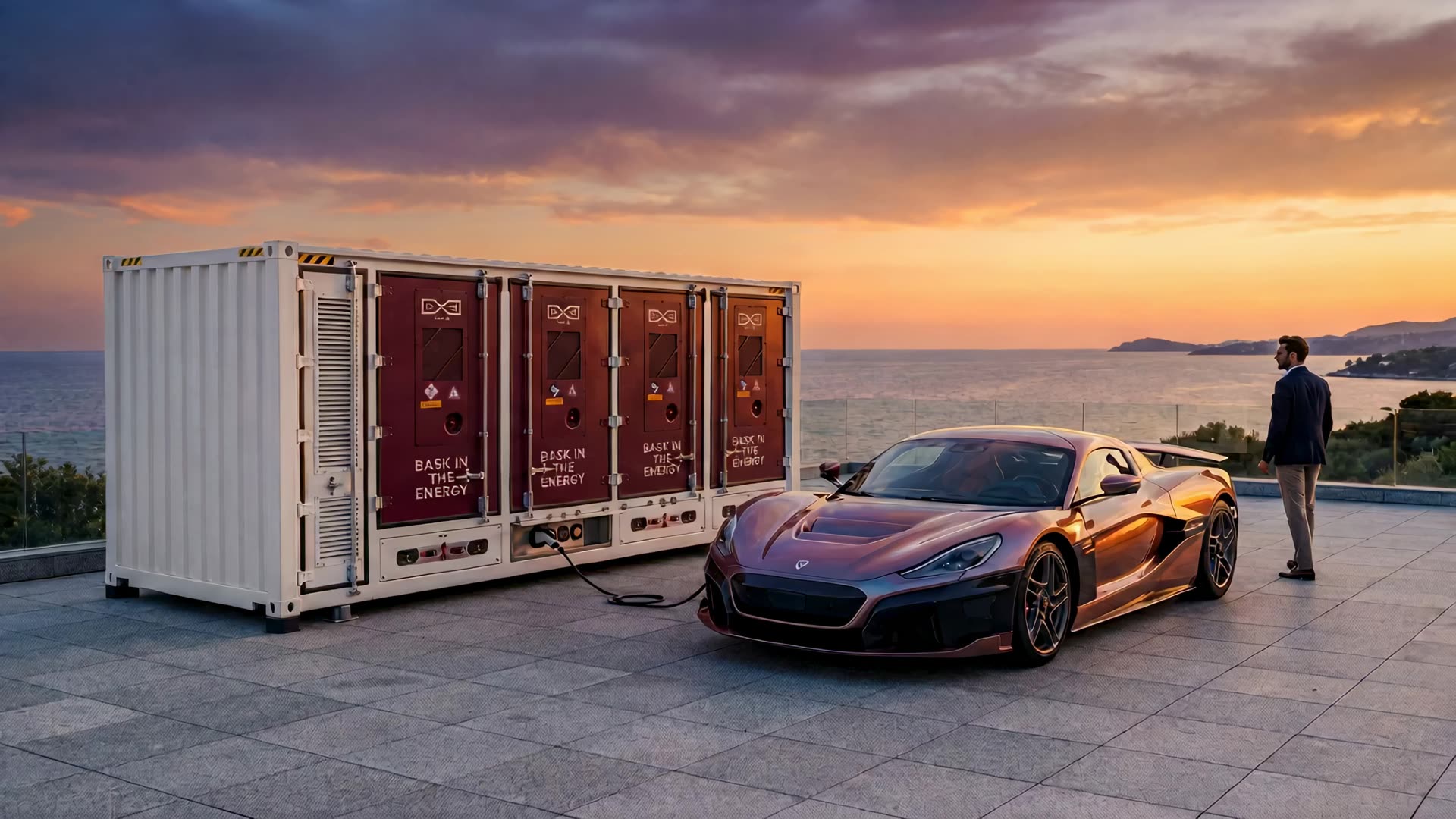 A battery unit reading Bask in the Energy charges a car at sunset