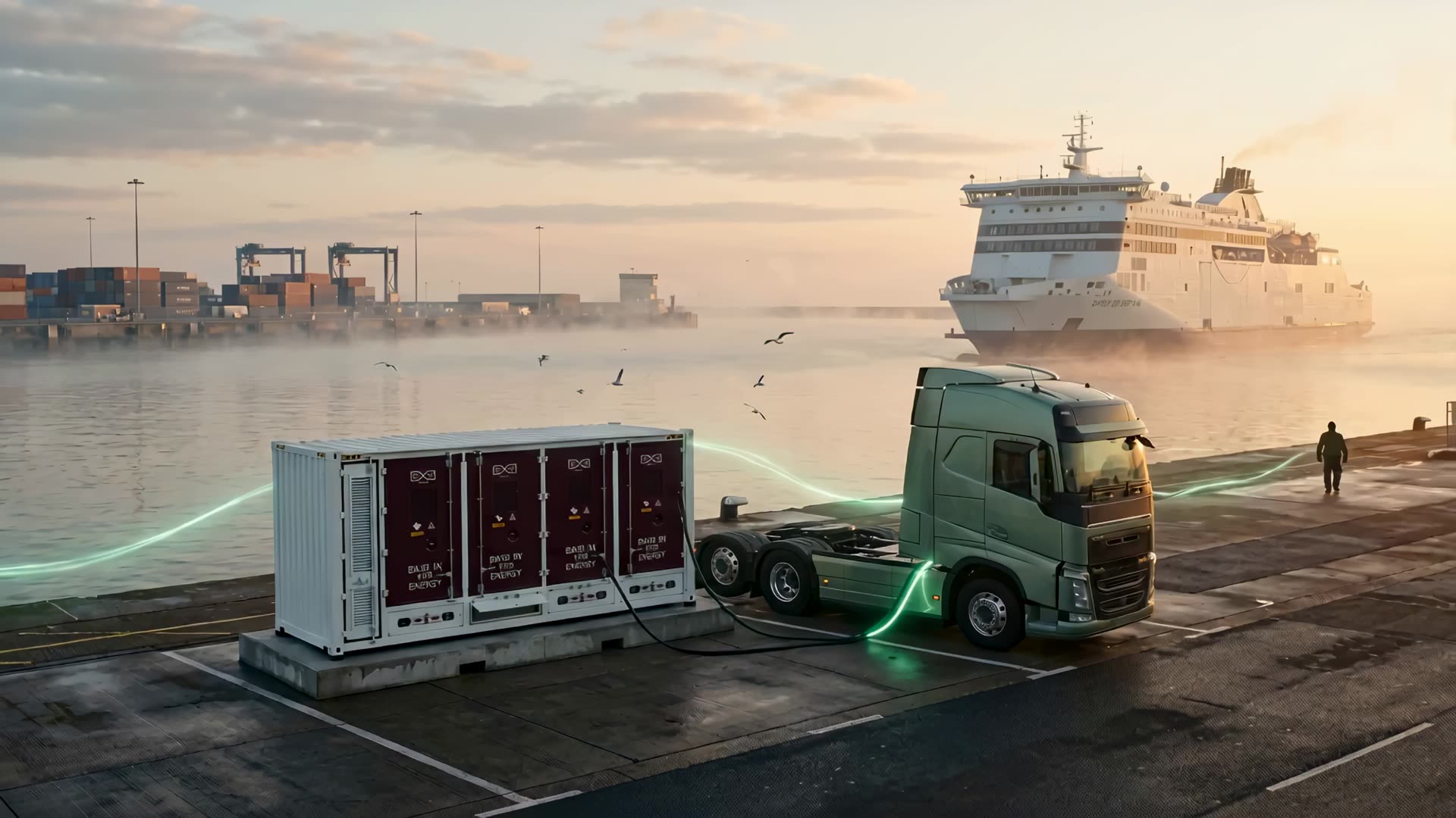 A heavy electric truck beside battery units at a port